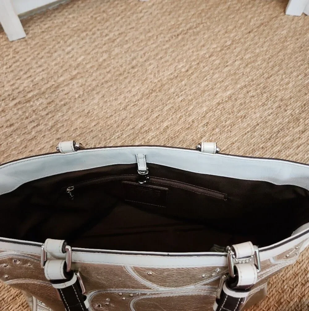 Coach Silver Embossed Tote Bag with Stud Detail